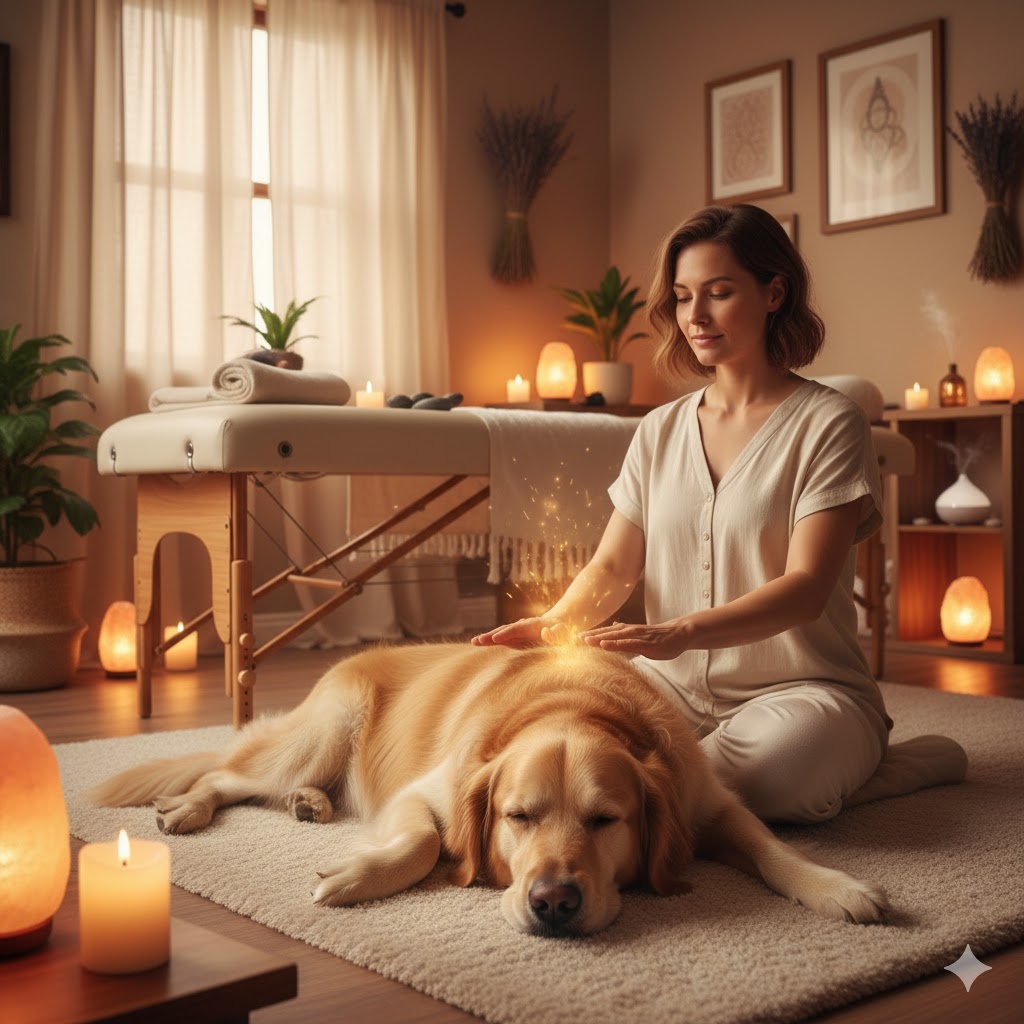 Sesión relajación reiki para perros en el centro Hermes cuida´t i aprèn

