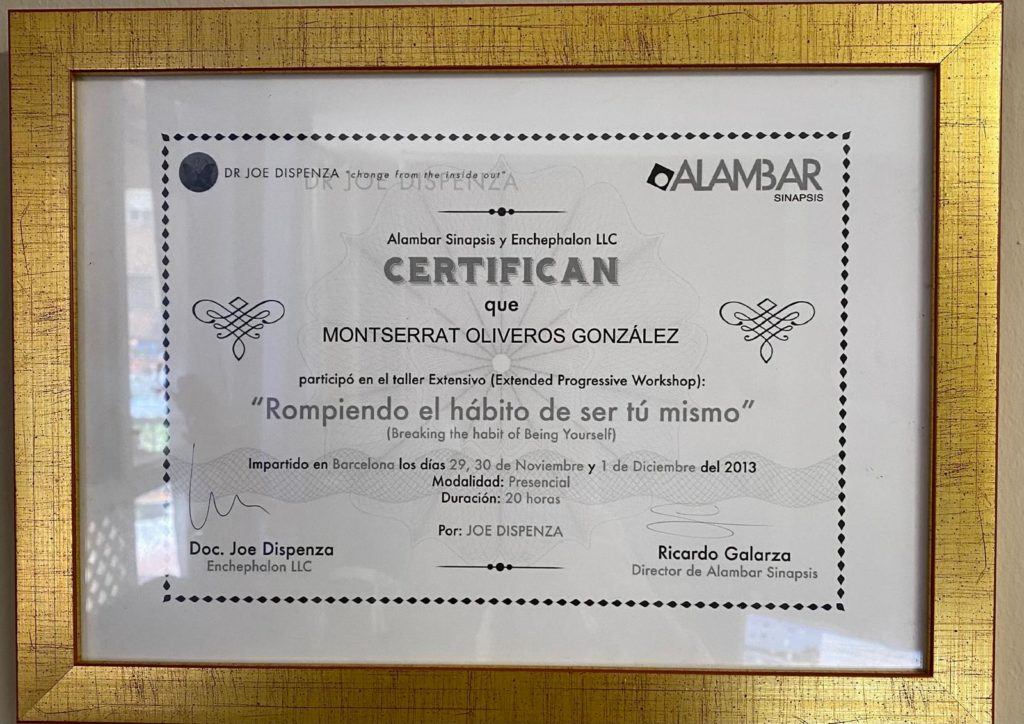 Montserrat oliveros Diploma curso extensivo Dr Joe Dispenza Diciembre 2013