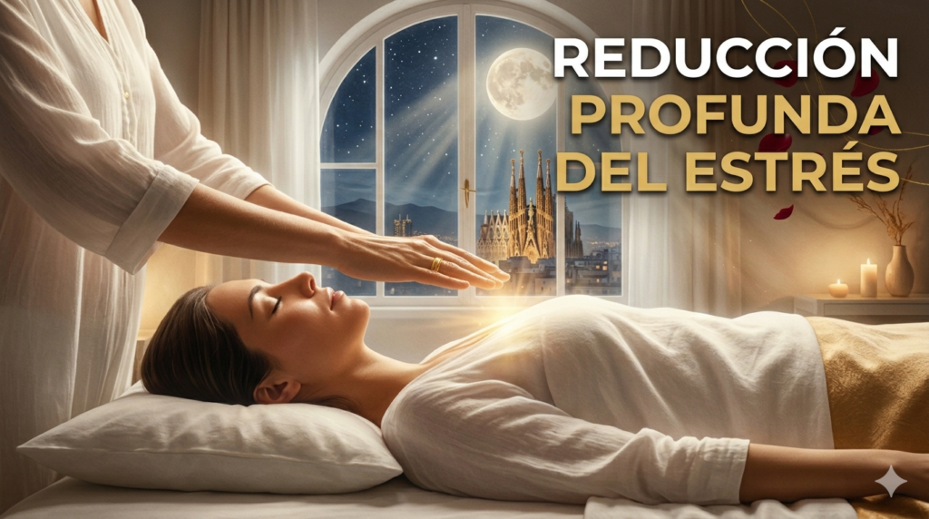 Persona recibiendo una sesión de Reiki en Barcelona para la reducción profunda del estrés en Centro Hermes.