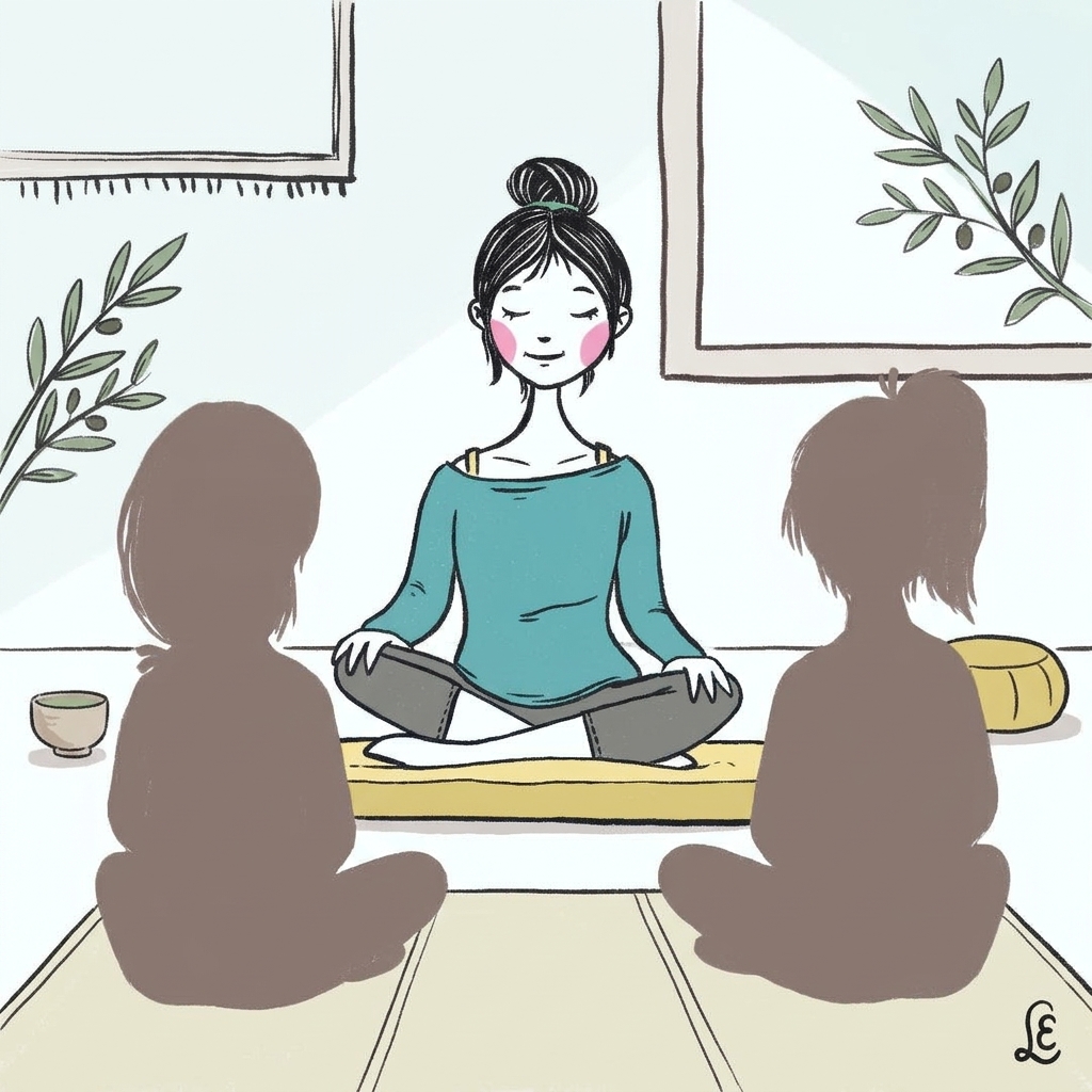 Clases de Meditación Presencial en La Sagrera Ilustración de una clase de meditación presencial en grupo guiada por Montserrat Oliveros en el Centro Hermes de La Sagrera, Barcelona.